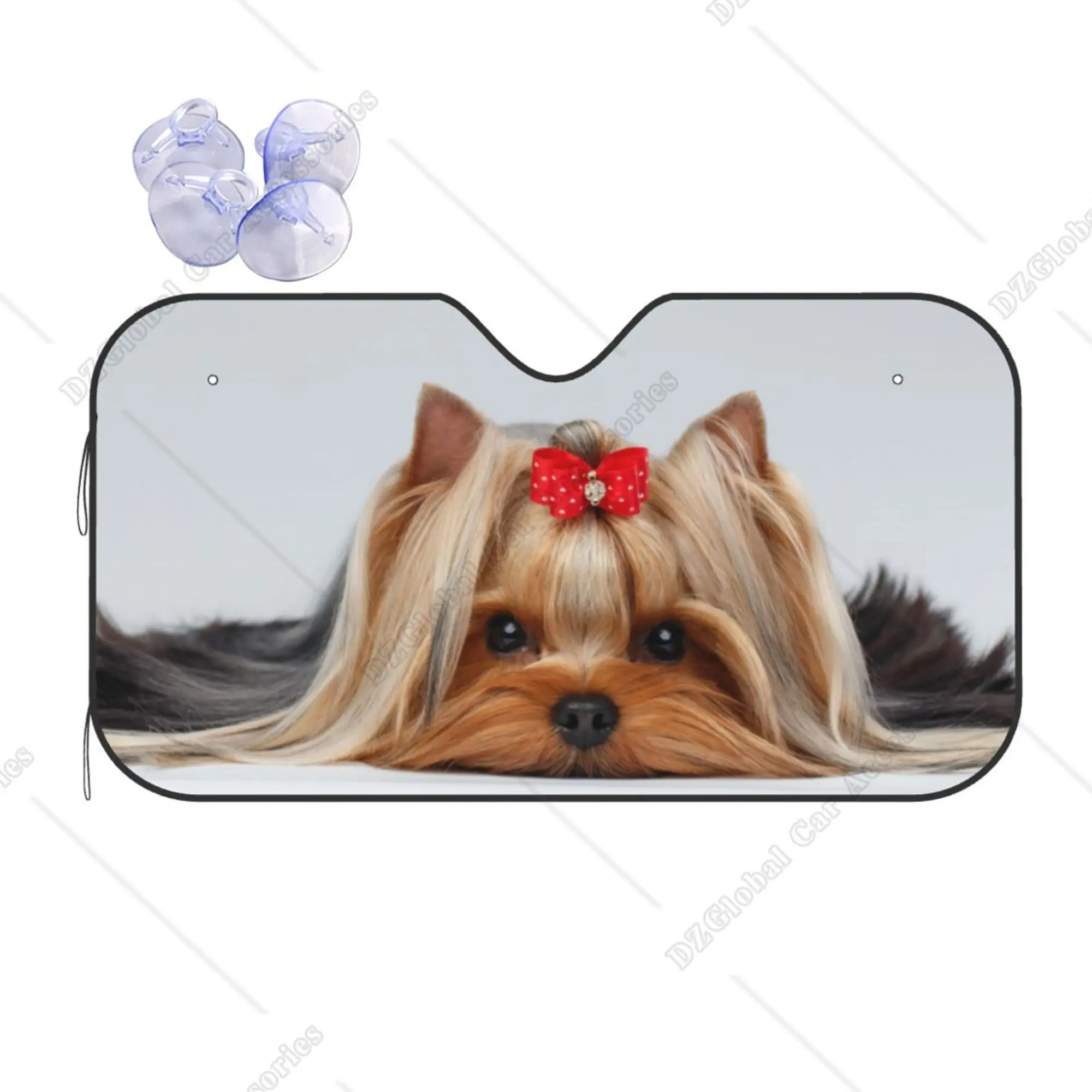 Car Windshield Sunshade Lying Yorkshire Terrier with Cute Ribbon Yorkie Love Portrait of A Dog Automotive Sun Shade Visor