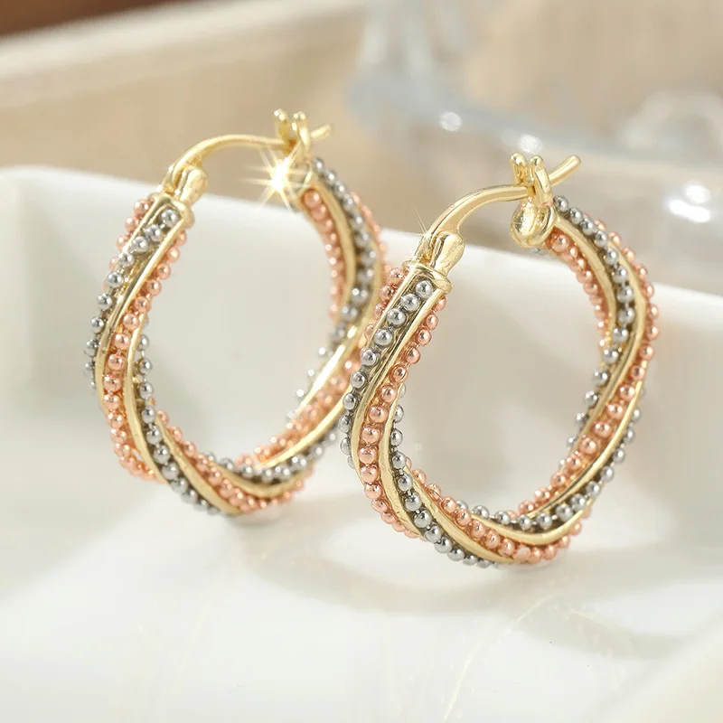 Two Tone Hemp Dots Wide Surface Twisted Hoop Earrings Exquisite Fashion Women's Gold Plated Elegant Versatile Earrings