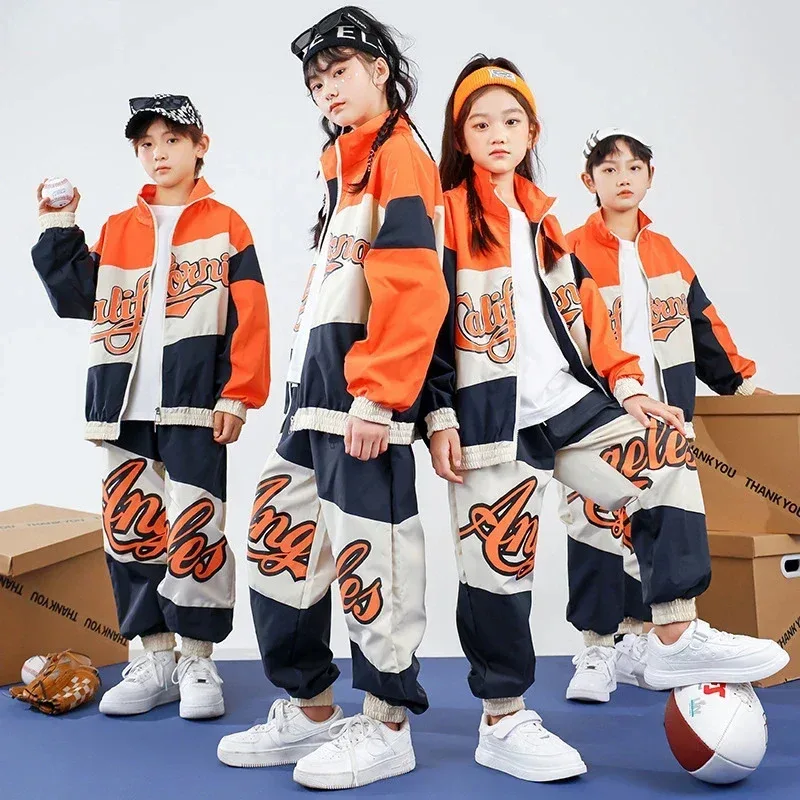 Бейсбольная куртка в стиле хип-хоп для мальчиков, свободные брюки для уличных танцев, контрастное пальто для девочек, комплекты детской спортивной одежды для джаза, детская уличная одежда