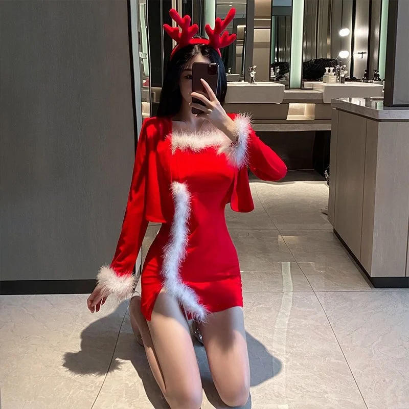 2022 Christmas Dress Christmas Costume Sexy Strapless V-neck Waistband Slimming Large Skirt Net Red Anchor Sling Dress