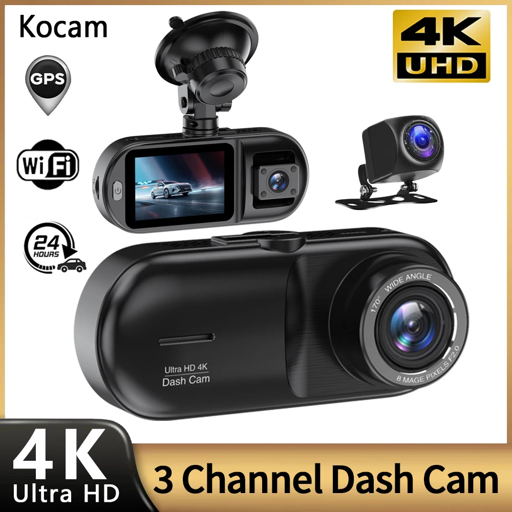 

3 Channel WiFi Dash Cam 4K+1080P Car Dash Camera Front Inside Rear 3 Way IR Night Vision GPS Car DVR Video Recorder RearView Cam