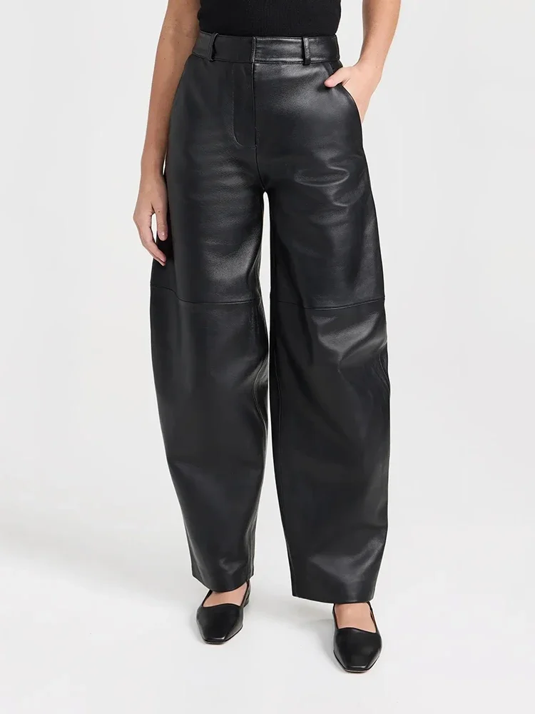 High Waist Matte Faux Leather Women Balloon Pants Black Stretch PU Ladies Loose Straight Trousers Casual Entertainment Custom