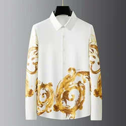 Autumn Luxury Printed Men's Shirt Long Sleeve Casual Business Formal Shirts Retro Social Banquet Party Blouse Stage Performance