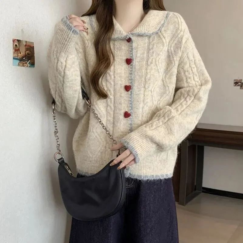 

Doll Collar Button Gentle Love Sweater Twist Autumn Winter New Knitted Jacket Cardigan Top