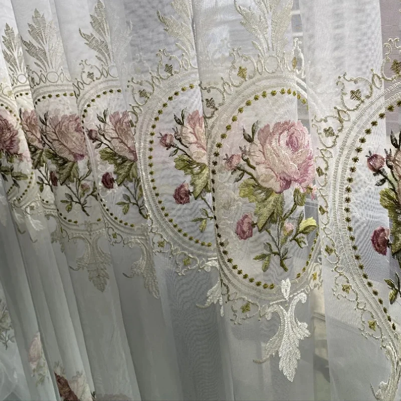 European Luxury Peony Tulle Sheer Curtain For Living Room Elegant Flower Embroidery Voile Drapes For Bedroom