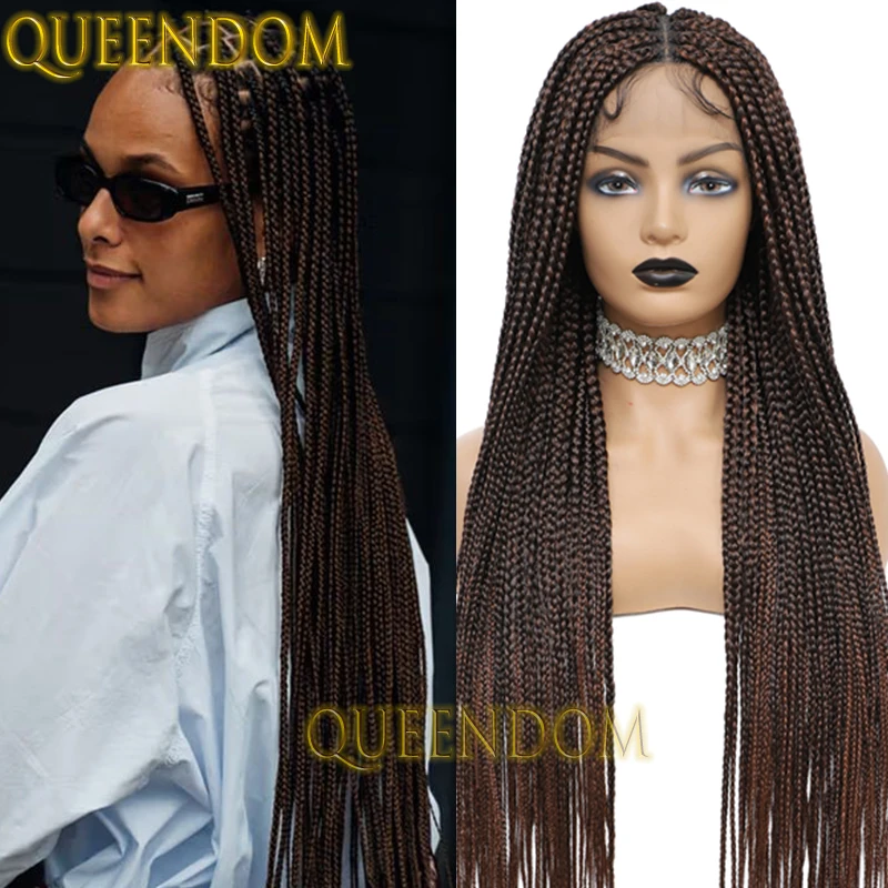 Ombre Brown Full Lace Synthetic Braids Wig 36 Inch Knotless Box Braided African Wig Handmade Glueless Cornrow Plaits Braid Wigs