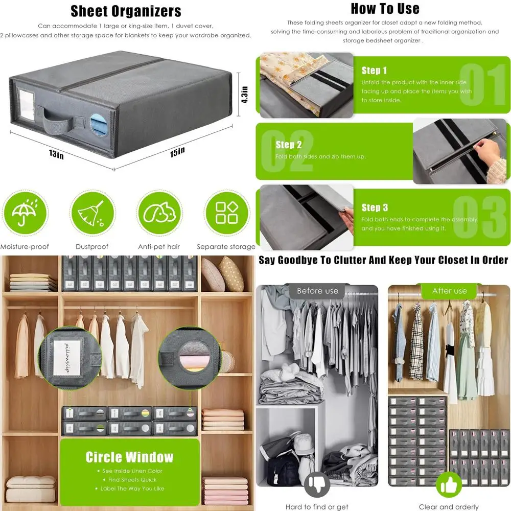 

Foldable Bed Sheet Organizers for Closet Storage - Grey, Fits Queen & King Sheets and Duvet Covers