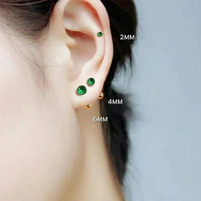 2Pcs Stainless Steel Green Zircon Ear Studs Earrings For Women Helix Tragus Round Small Cartilage Earring Body Piercing Jewelry