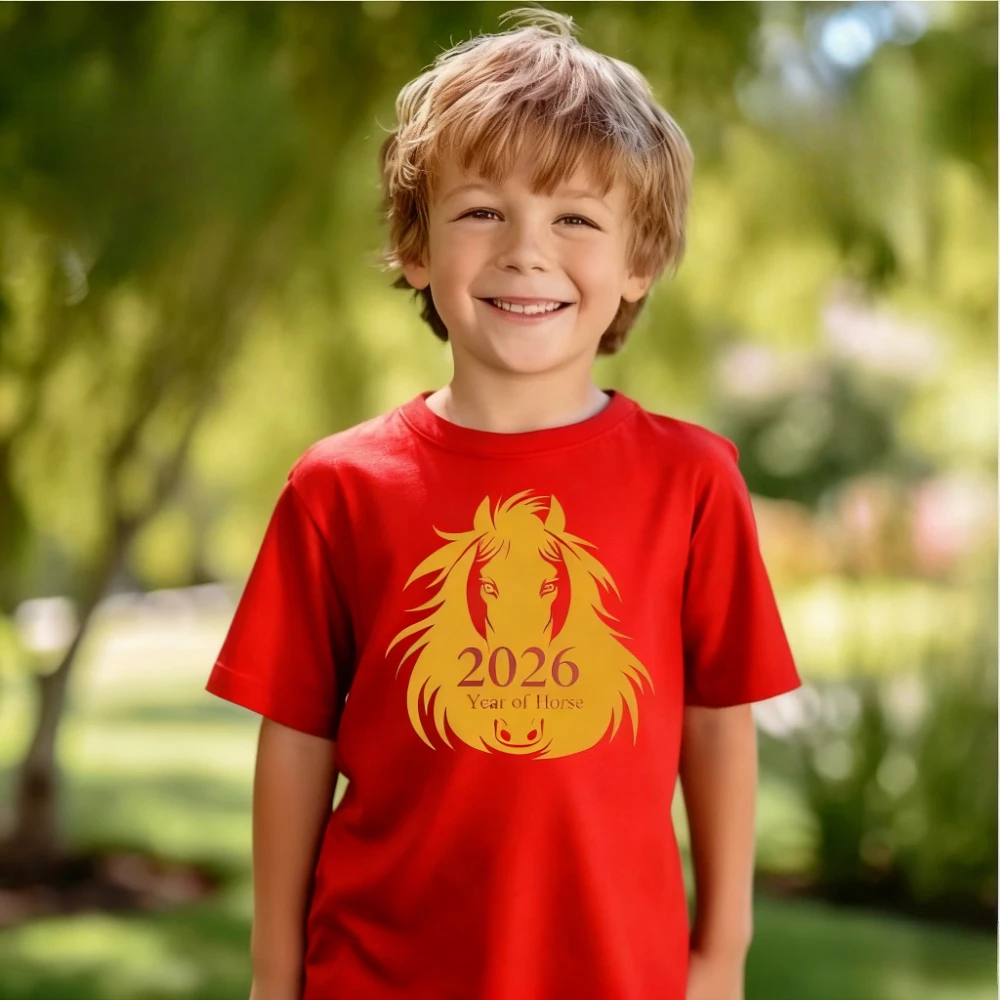 Mondneues Jahr Kinder-Shirt 2026 Sternzeichen Pferd Kreatives bedrucktes T-Shirt Jungen und Mädchen Neujahr Urlaub T-Shirt Lässiges Baumwoll-T-Shirt