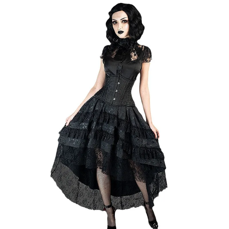 

Vintage Women Steampunk Gothic Skirts Lace-Up Medieval Skirt Black Fairy Victorian Asymmetrical Skirt Costume Performance Clothe