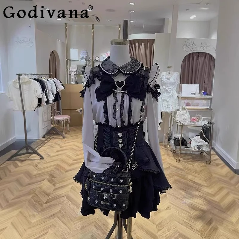 

Рубашка Liz, блузка, весенне-осенняя блузка для девочек с открытыми плечами и длинными рукавами, женские шифоновые рубашки в стиле Лолиты с милым бантом, топы