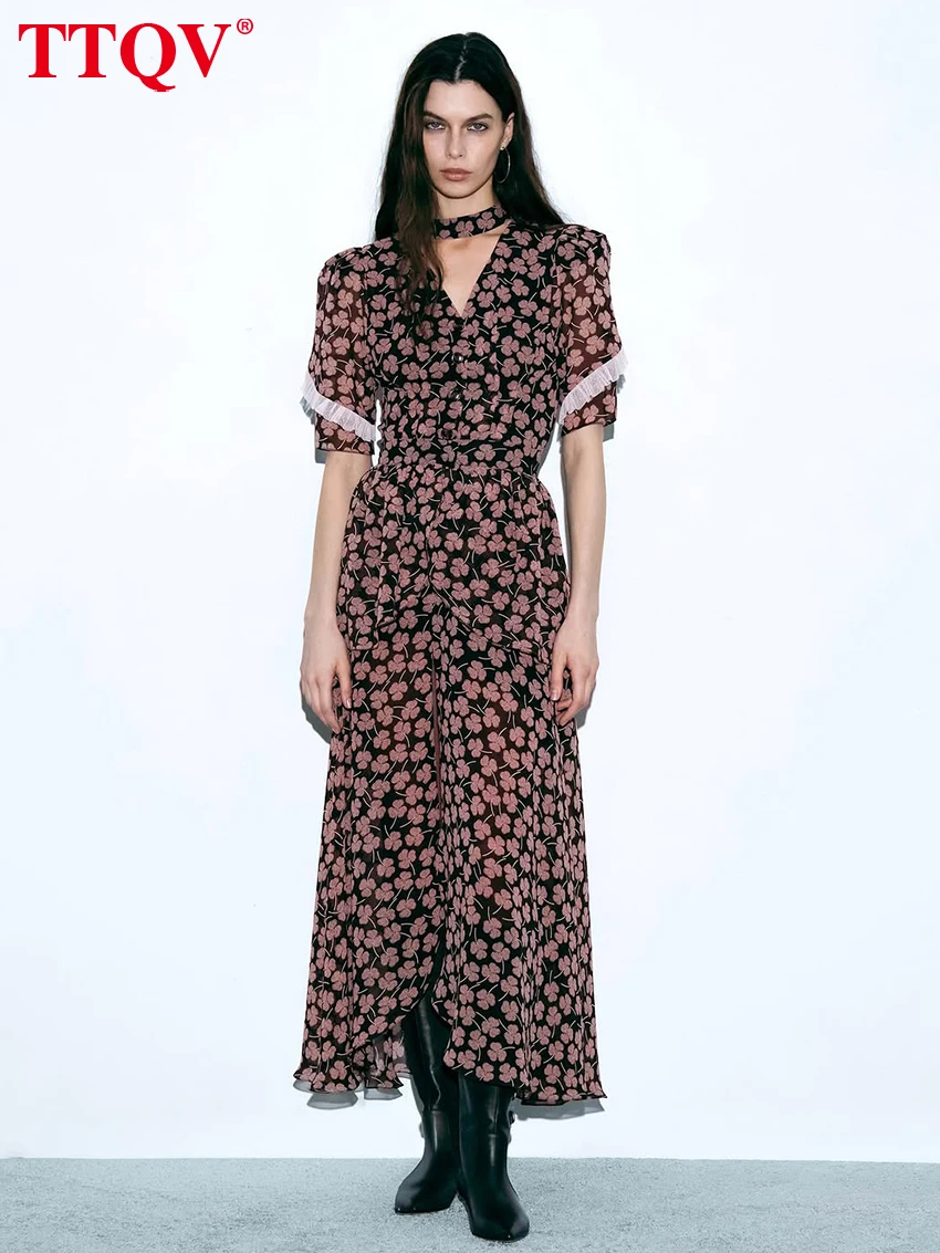 

TTQV Fashion Loose Print Women's Dress 2026 Summer V-Neck Short Sleeve Ankle Length Dresses Elegant Classic Slit Female Dress