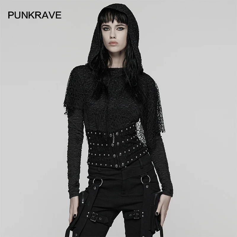 PUNK RAVE Women's Punk Metal Rivet Corset Personalized Visual Waist-cinching Design Front Zipper Club Belt Top Accessories