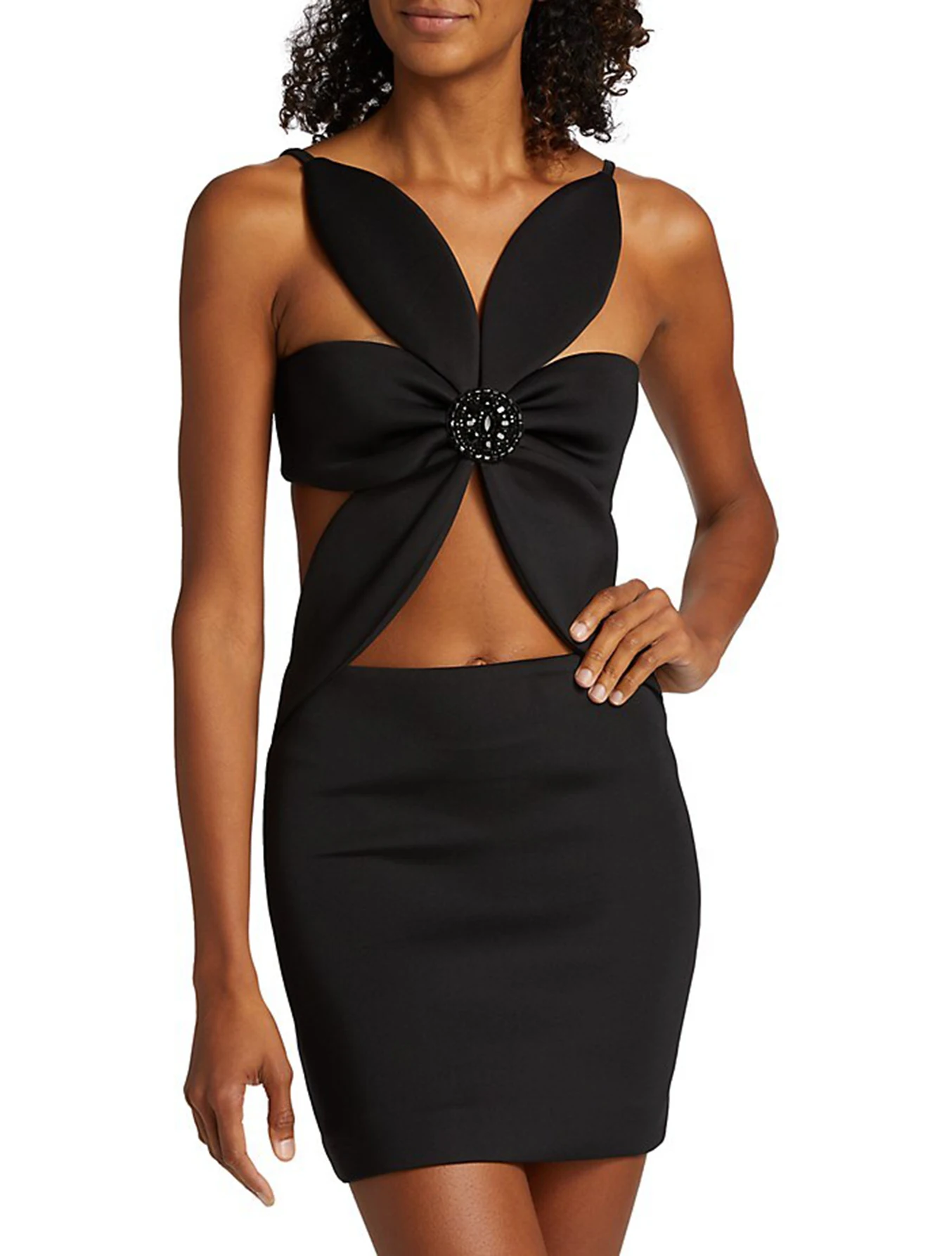 Reddachic elegante Blume aus geschnitten Frauen Kleid schwarz rücken frei ärmellose Mini kurze figur betonte Abschluss ball Party Abend einteiliges Kleid