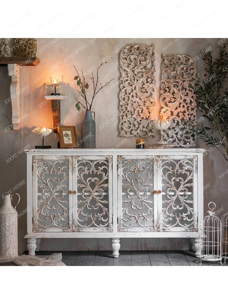 American Country Cabinet Vintage Solid Wood Carved Glass Sideboard Cabinet B & B Home Decoration Entrance Cabinet