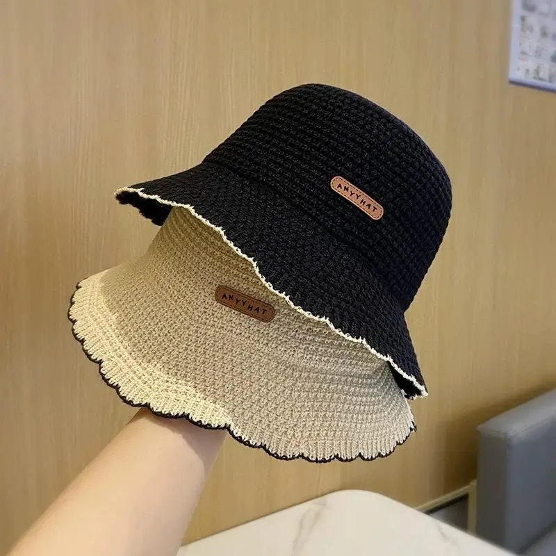 French Wavy Edge Knit Bucket Hat Breathable Foldable Summer UV Protection Sun Hat for Fishing Camping Outdoor