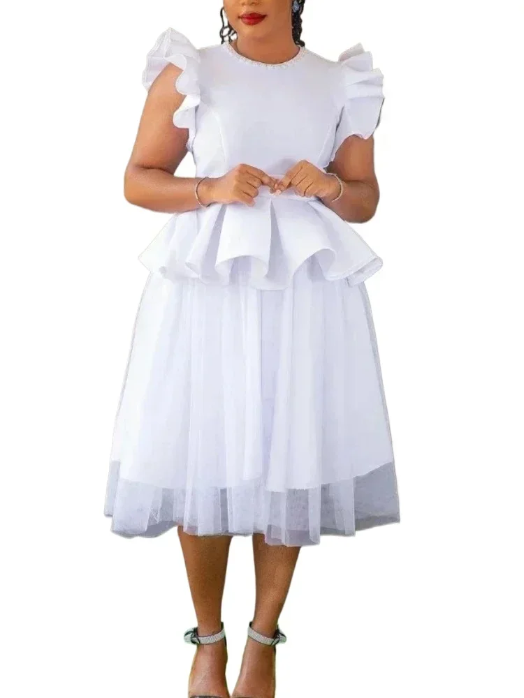 Women's Fashion O-neck White Mesh A Line Dresses Peplum Ruffles Sexy 2025 Short Sleeve Splicing Wedding Guest Gowns New