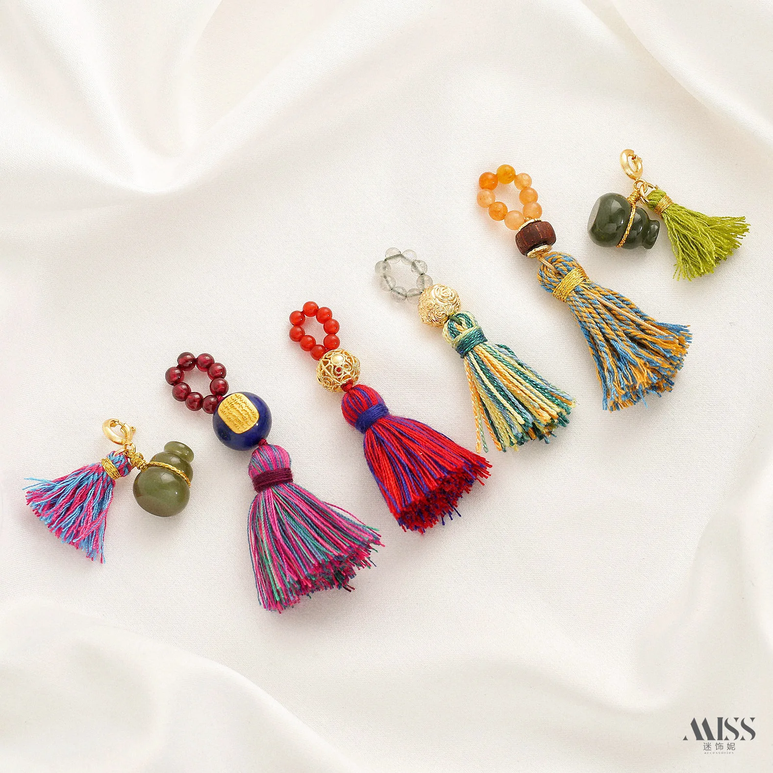 Natural Blue Gold Agate Hetian Jade Gourd Rose Ball Braided Rope Fringed Pendant DIY Tibetan Cultural And Play Accessories
