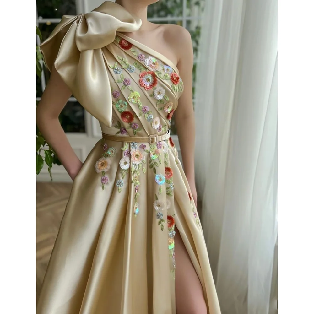 

Custom Made Women Dress Opulent Floral and Bead Embroidery One-shoulder Satin Gown A-line Split-thigh Dress with Waist Belt&Bow