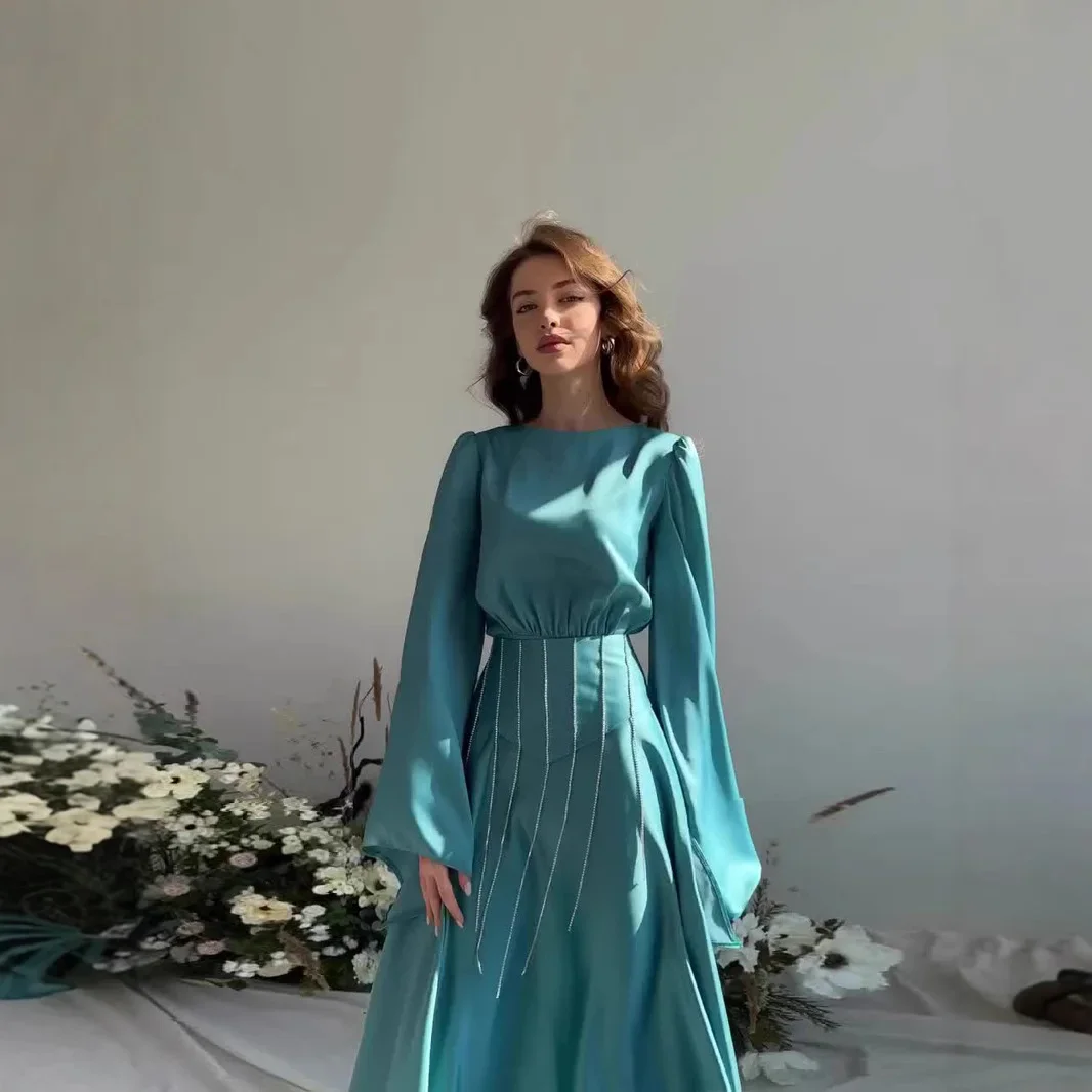 

Sleeve Maxi Dress for Women round Neck Full Sleeve Regular Type Summer 2026 Elegant Diamond Embellished Belted Slimming Bell