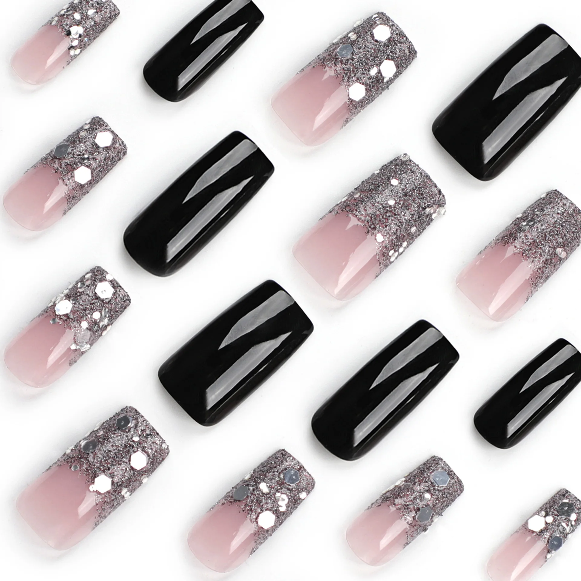 24 Stück künstliche Nägel, funkelnder Glitzer, Farbverlauf, schwarz, einfarbig, tragbar, Maniküre, zum Aufdrücken der Nägel, solide