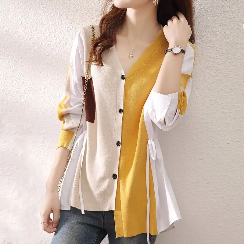 Spring 2024 New Commute Women\'s Color-blocked V-neck Drawstring Spliced Pocket Button Long Sleeved Shirts Cardigan Knitted Tops