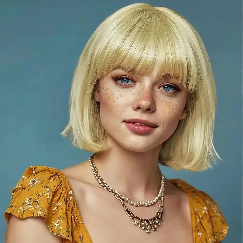 

Cheap Short Bob Wig With Bangs Glueless Full Machine Made Wigs Blonde Color Heat Resistant Synthetic Hair Wigs for Women