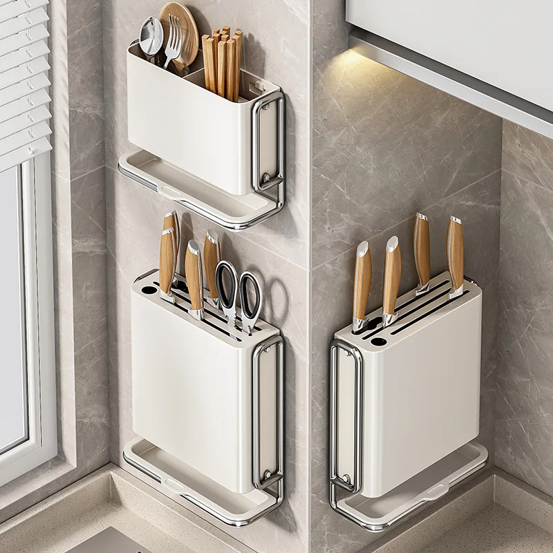 Kitchen Multi-functional Kitchen Knife Holder No Punching Wall-mounted Chopstick Cartridge Knife Holder Integrated Storage