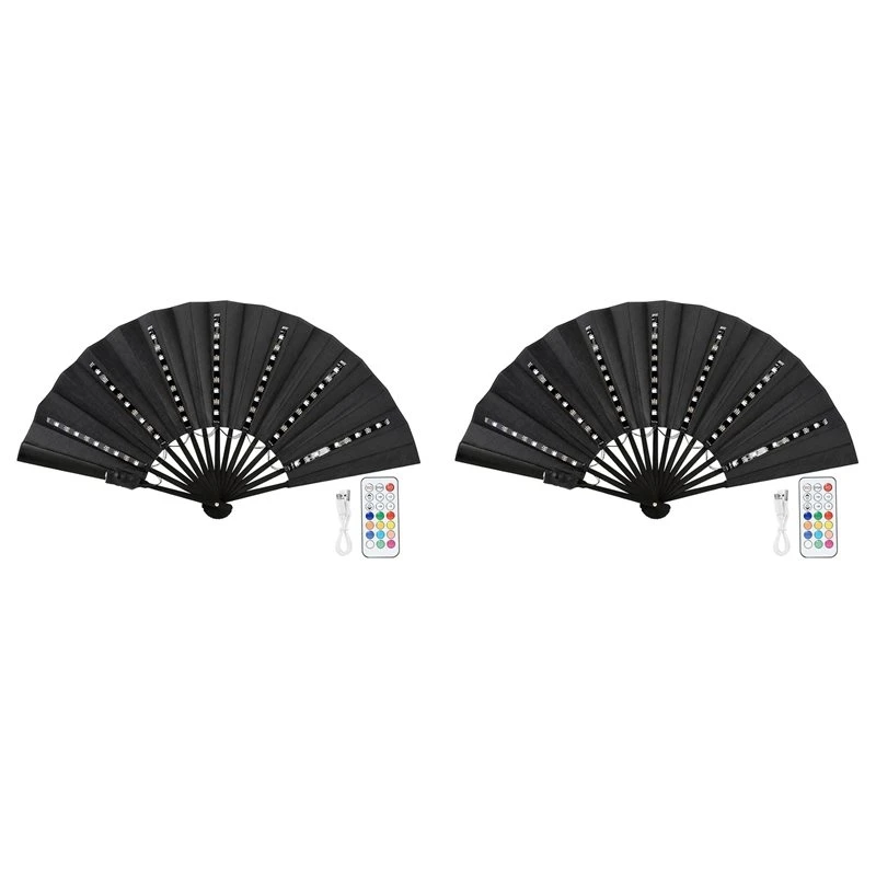 2X LED Glowing Colorful Chinese Hand Held Folding Fan With Remote Control Stage Performance Show Light Up Fan Black-A27I