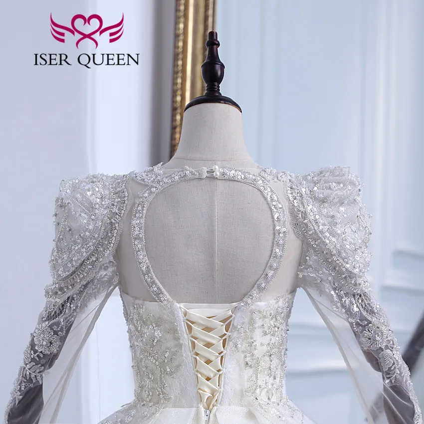 カスタマイズされたパフスリーブ夜会服のウェディングドレスアイボリーシャンパンカラーヘビービーズギルターチュールウェディングドレス結婚WX0306