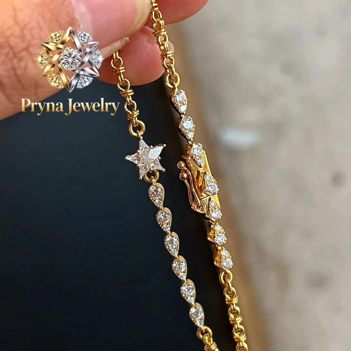 Pryna Jewelry  999 24K real gold star four-pointed star bracelet for women ins full diamond fashion versatile bracelet temperame