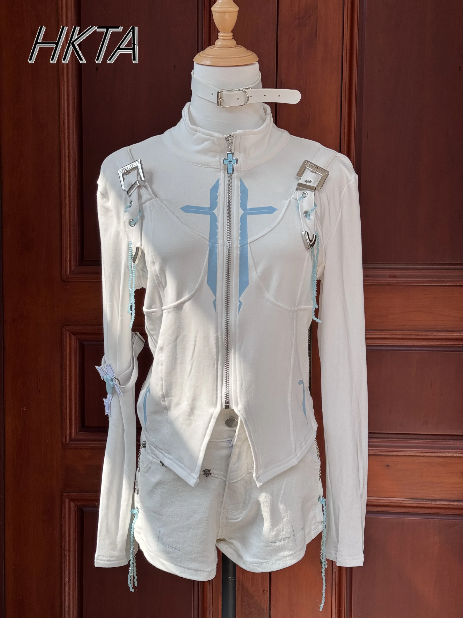 対照的な色のサブカルチャー未来的な機械式スタンドアップカラー tシャツトップ女性夏スタンドアップカラー長袖 tシャツ