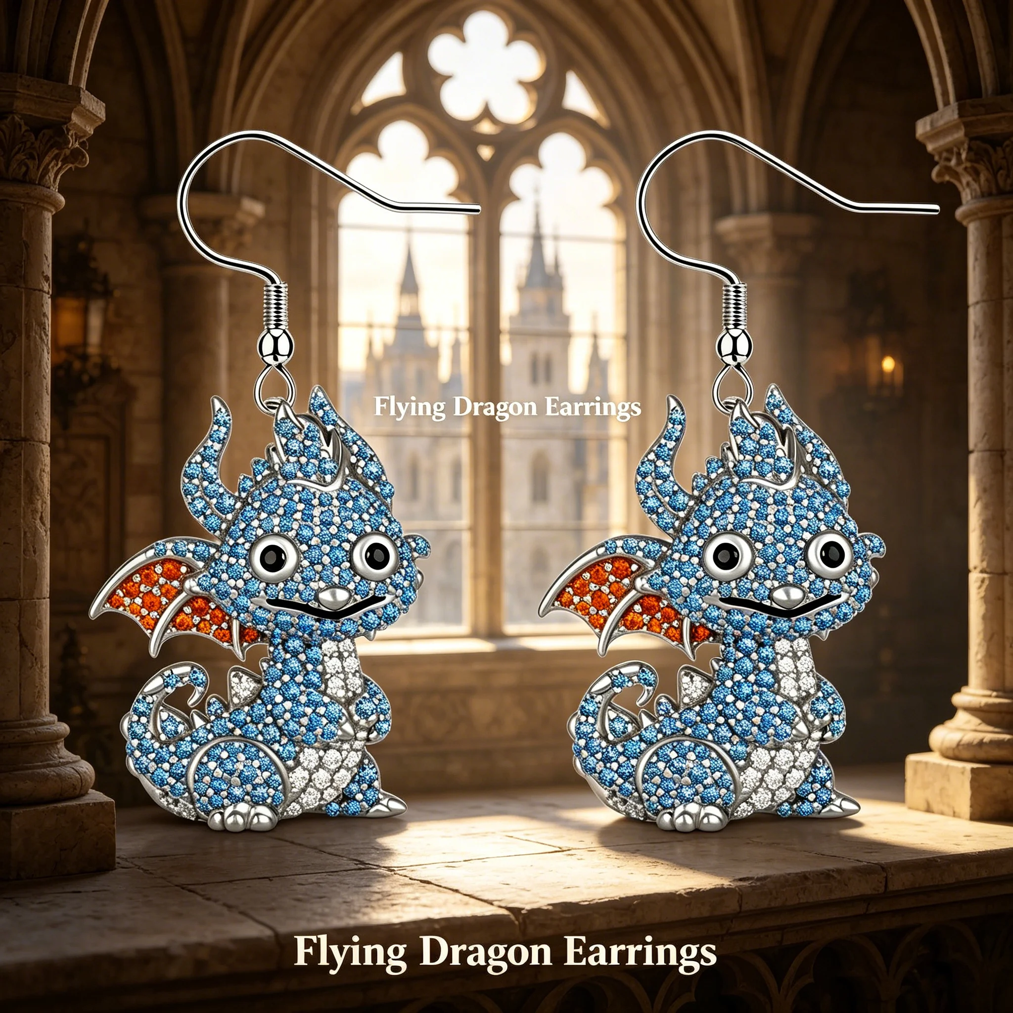 Silvery Zinc Alloy Cute Dragon Dangle Earrings Blue & Orange Faux Crystal Sparkly Fantasy Jewelry Gift