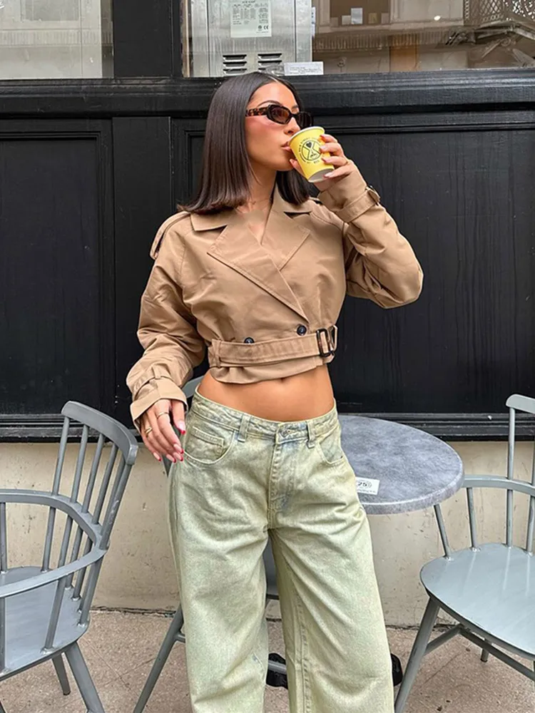 

Khaki Waistband Windbreaker Jacket Woman Chic Lapel Double Breasted Short Coat Lady 2024 New Design Street Casual Outerwear