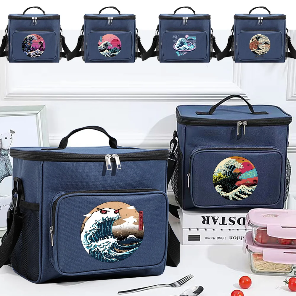 

READY STOCK Insulated Lunch Bag for College Student Aesthetic Blue Color Cooler Tote Bags Wave Printing Series Picnic Box