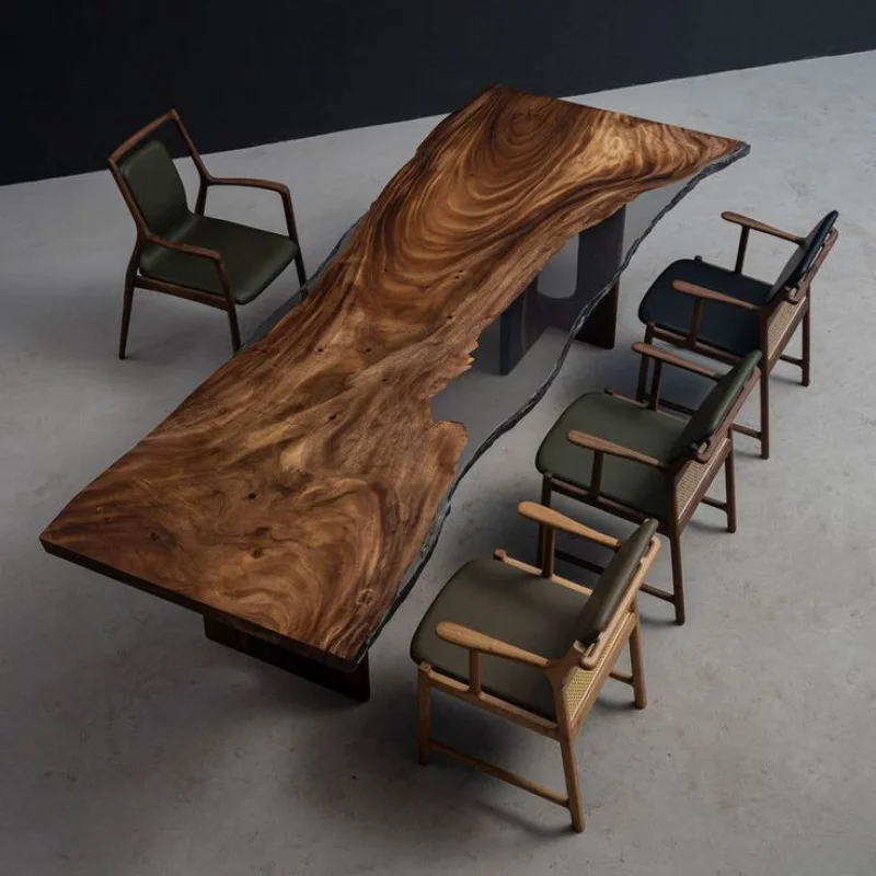 custom.Luxury Elegant Handmade Solid Wood Modern Design Black Epoxy Resin River Dining Table Set