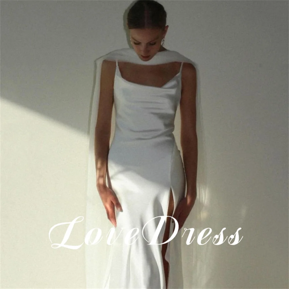 Simple Spaghetti Straps Boat Neck Sleeveless Stain Pleated Wedding Dress High Side Slit Sheath Floor Length Backless Bride Gowns