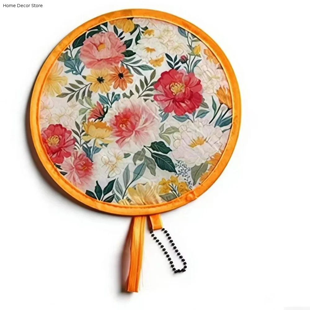 Hand Fan Japanese Style Folding Fan Flower Pattern With Pocket Collapsible Fan Round Flying Disk Fan Lawn Parties