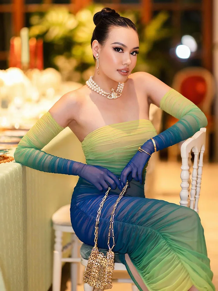 Articat-Vestido de Malha Gradiente Feminino, Bodycon Modificado, Sem Alças, Split, Dupla Camada, Midi, Festa Noturna, Clube