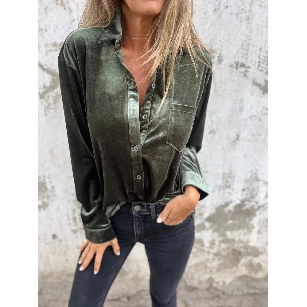 Camisas y blusas de terciopelo para otoño y primavera, Tops lisos de manga larga con una botonadura y bolsillo, camisas Vintage para mujer
