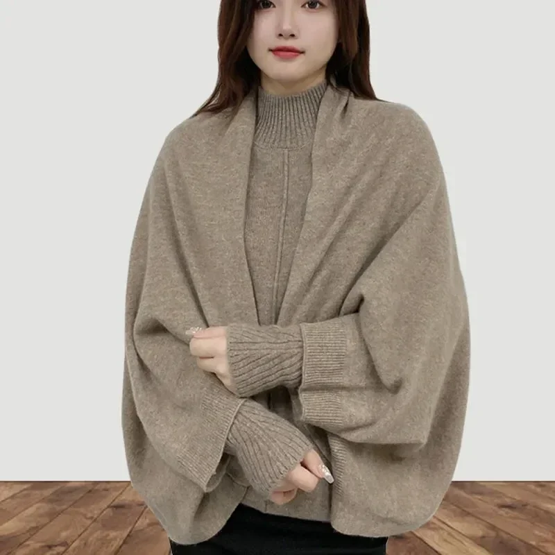 Versatile Shawl Women Autumn Winter Solid Cashmere Knitted Cardigan Jacket Women Batwing Sleeve Warm Cape Knitting Bib Scarf