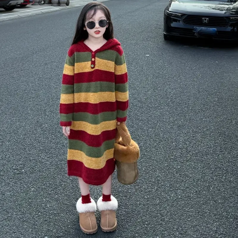 Girls' 2025 AW New Over-Knee Knit Sweater Hooded Dress Stylish Winter Outfit for 4-12Y