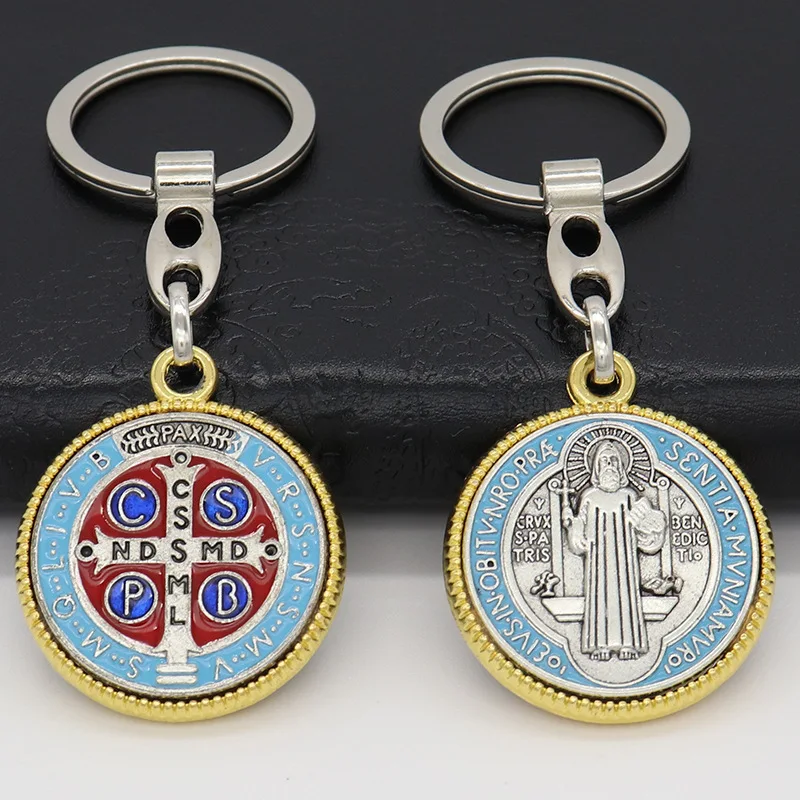 2pcs Saint Benedict Medallion Keychain Catholic San Benito Pendant Key Ring Jesus Religious Metal Jewelry Accessories for Bag