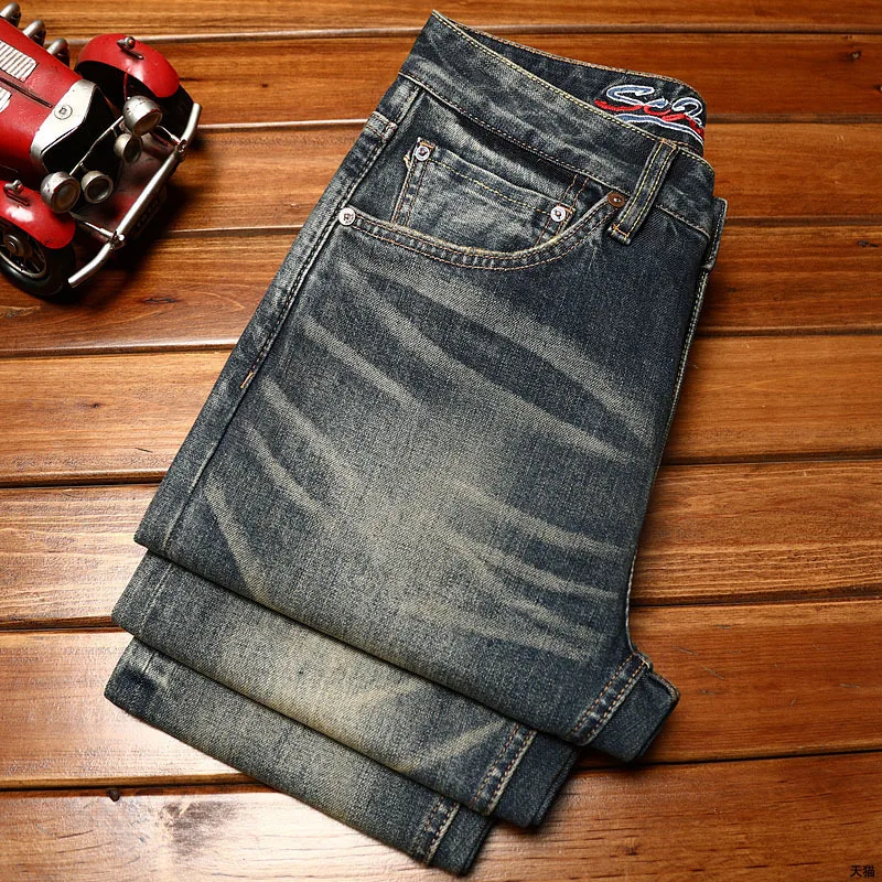 Jeans Denim telinga merah pria, celana panjang kasual pria muda warna Retro ramping lurus nostalgia klasik