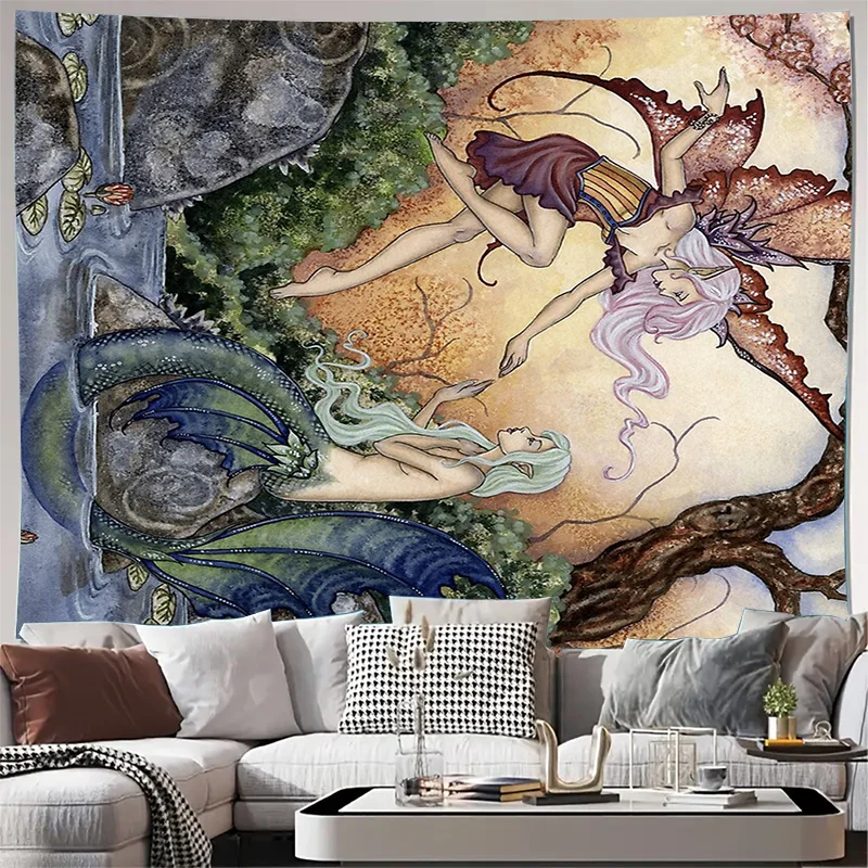 

Фэнтезийный лесной гобелен, мифический дракон, настенный готический художественный декор, природный пейзаж, домашний эстетический разделитель для комнаты, Witchcore Dar