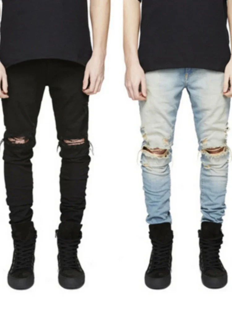 

Hole Jeans for Men Vintage Pencil Pants Straight Ankle Length Trousers Washed Distressed Skinny Denims 2024 Autumn Streetwear