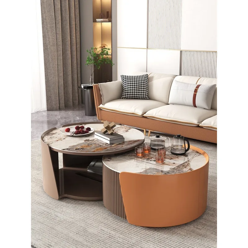 Coffee table combination Italian light luxury living room household rock slab round coffee table rock slab kung fu