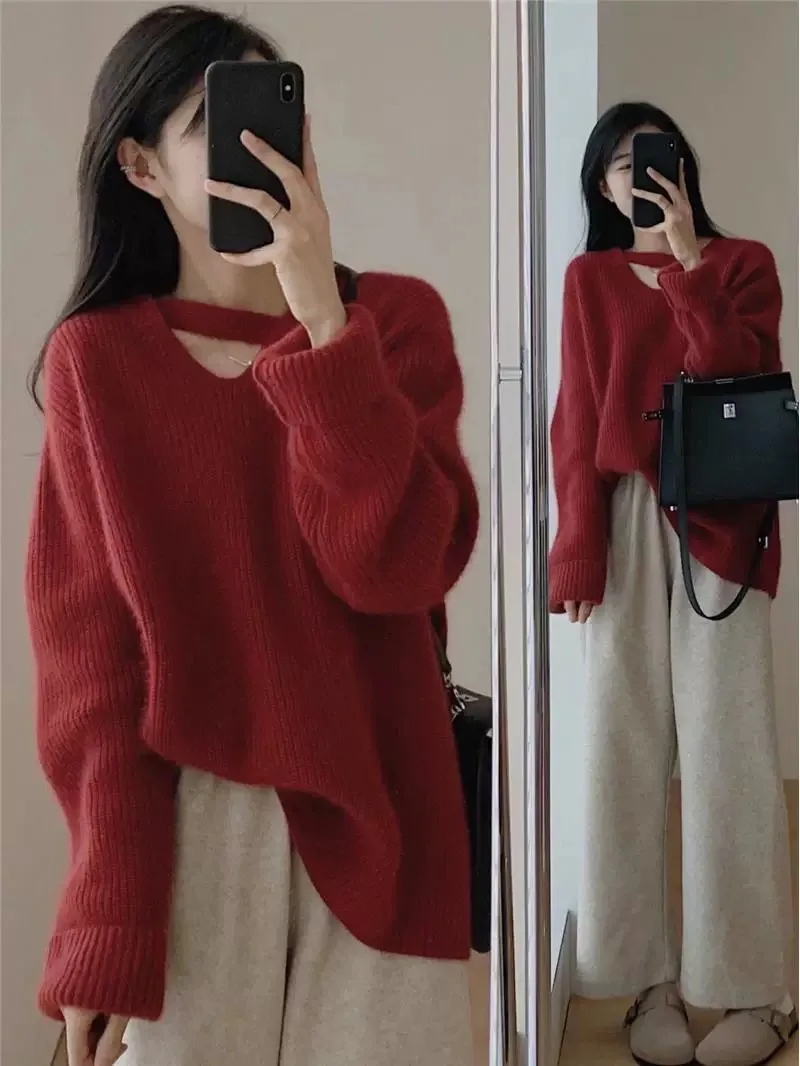 European style long-length 100% pure cashmere sweater for women, thickened and loose for autumn and winter, covering the hips, h