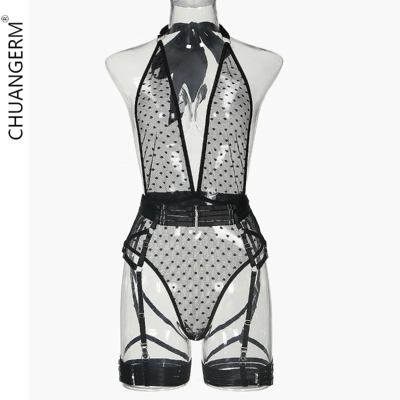 

CHUANGERM Women Sexy Lace Suspender Fashion Polka Dot Net Yarn Deep V Tie Hanging Neck Bodysuit Sexy Back Five Piece Set Female