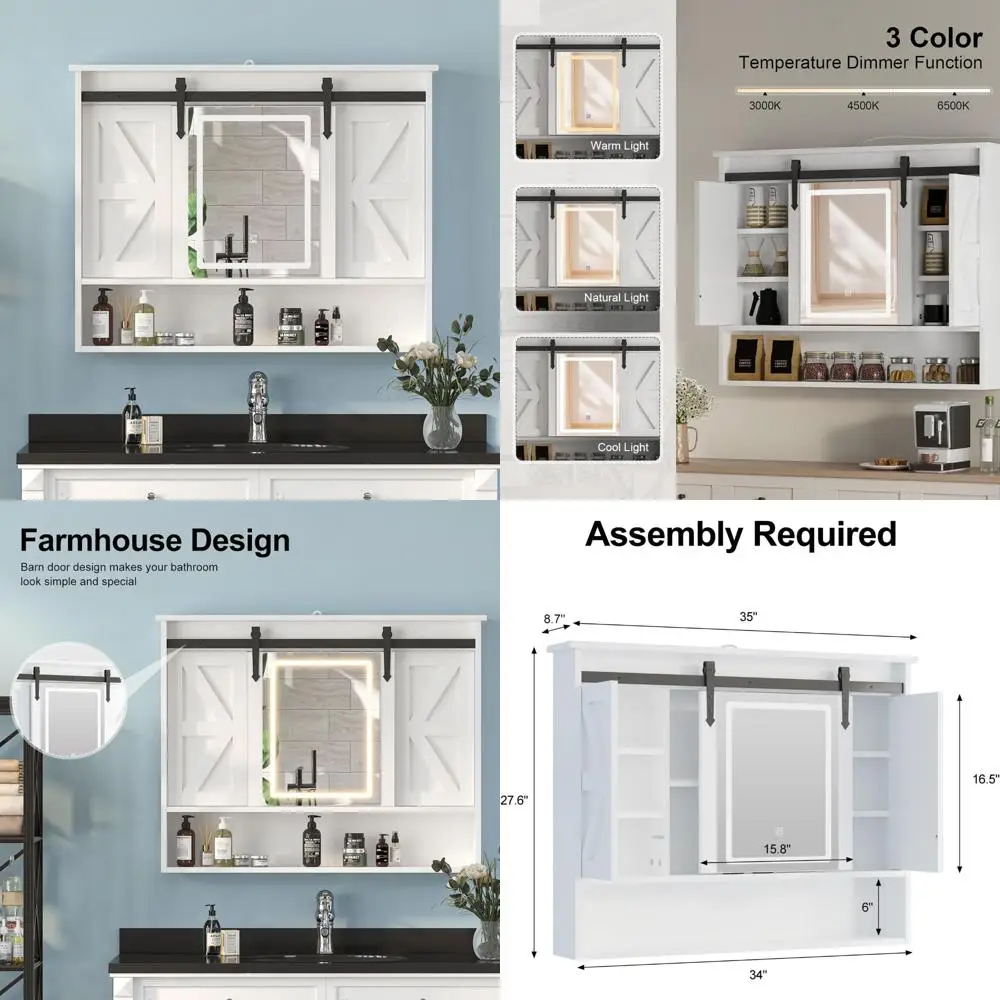 バスルーム用のスライド式納屋ドア付き照明付きミラー薬箱、3色LEDメモリ照明